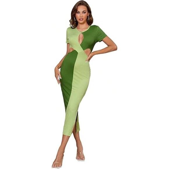 Women's Sexy Cut Out Keyhole Front Dress Split Side Hem Colorblock - Picture 6 of 6